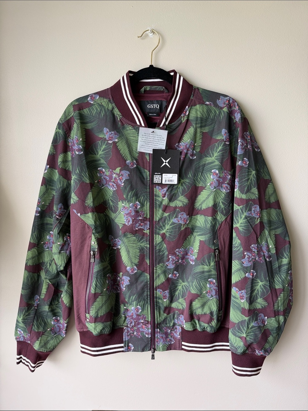 GSTQ Floral Pinstripe Bomber Jacket in Green women’s Medium